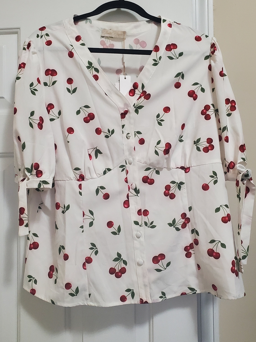 Cherry Print V-Neck Button Front Blouse - Red on Cream